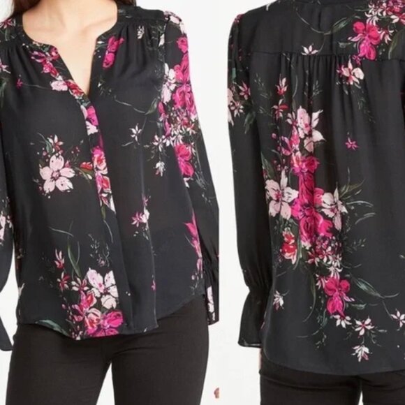 JOIE FLORAL PRINT SILK V-NECK FRENCH CUFFS BLOUSE - Picture 2 of 8